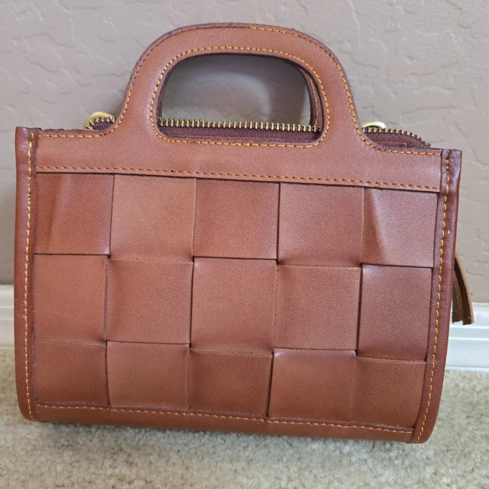 NEW Woven Leather Handbag Clutch Bag Satchel - Picture 6 of 10